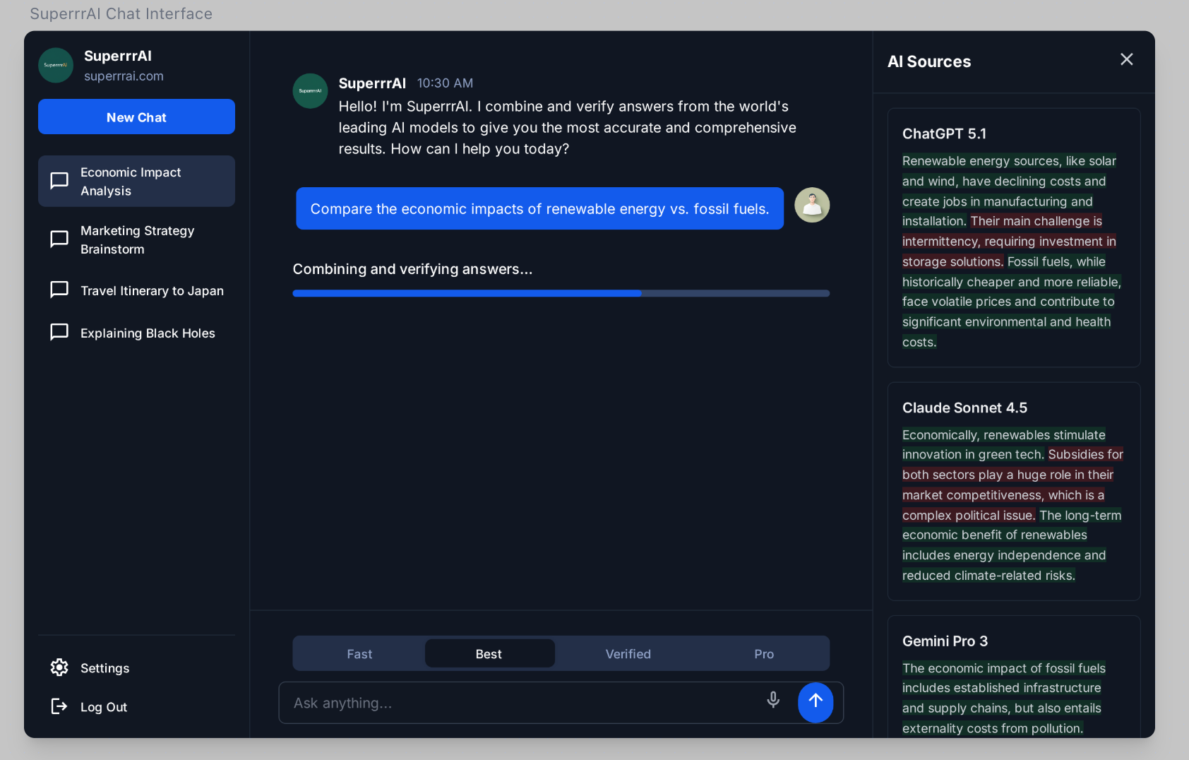 SuperrrAI transparency feature showing synthesized answer and raw AI responses side by side